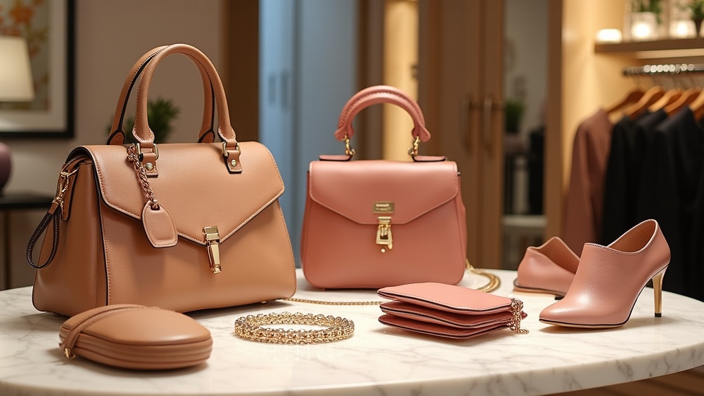 A display of luxury handbags and accessories on a marble table, surrounded by soft lighting and elegant decor in a boutique.