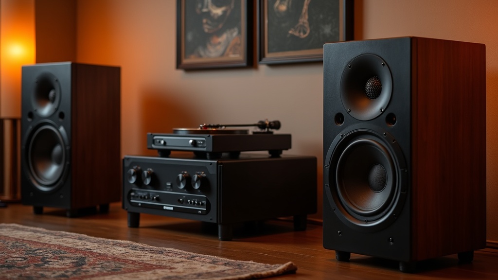 A high-end home audio setup featuring elegant floor-standing speakers, a turntable, and a sleek amplifier