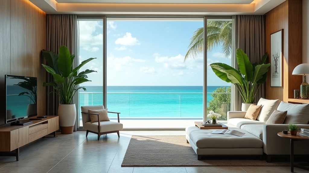A luxurious hotel suite overlooking a tropical blue lagoon, with panoramic windows and modern decor.
