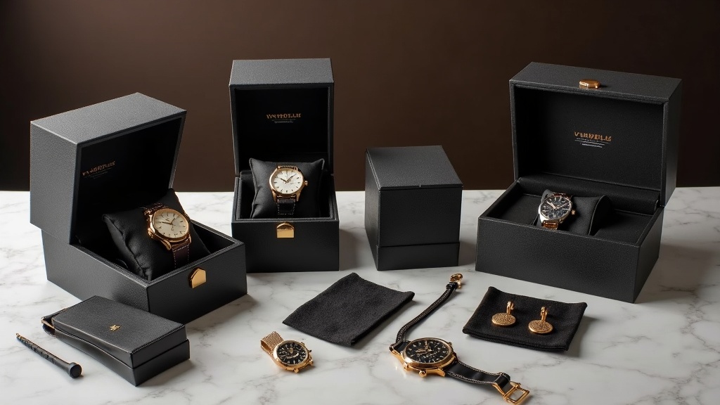 A luxurious modern watch display on a marble surface next to a few elegant watch boxes and accessories.