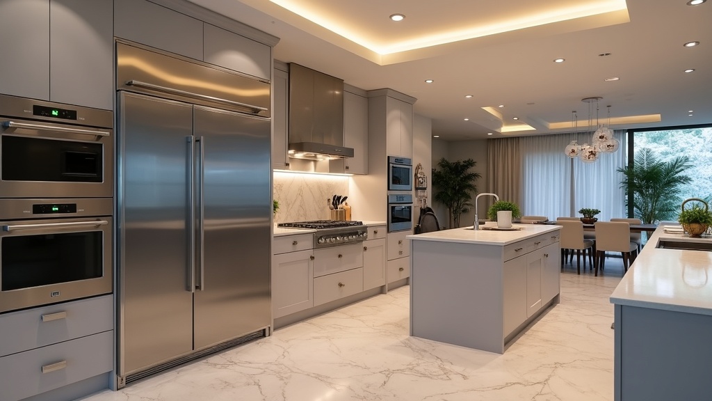 A modern luxury kitchen featuring high-end appliances, marble countertops, and ambient lighting