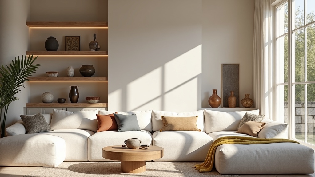 A sunlit living room filled with luxury home decor brands, featuring elegant vases, plush textiles, and unique sculptural accents on minimalist shelving.