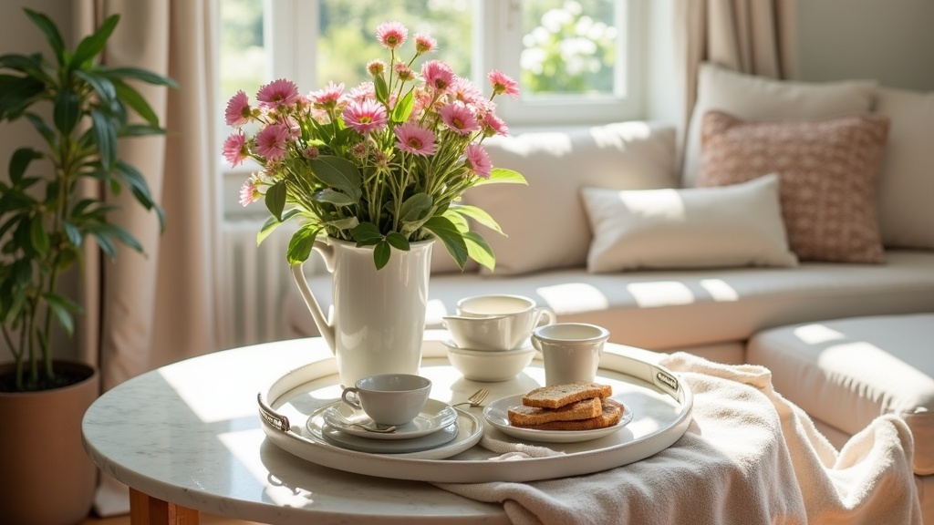 A tastefully arranged breakfast tray on a marble countertop, featuring fine porcelain, berries, and a silk napkin. Sunlight casts gentle shadows, evoking a mood of calm luxury.