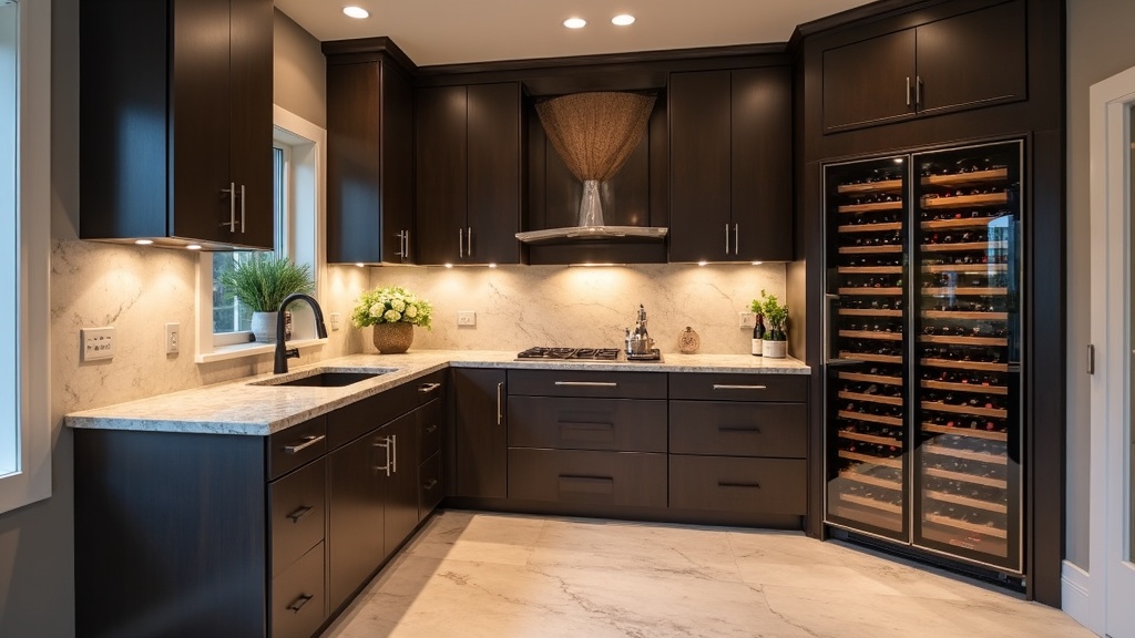 luxury kitchen with built-in wine cooler, seamless modern cabinetry, glass doors showing wine bottles, elegant lighting, no humans