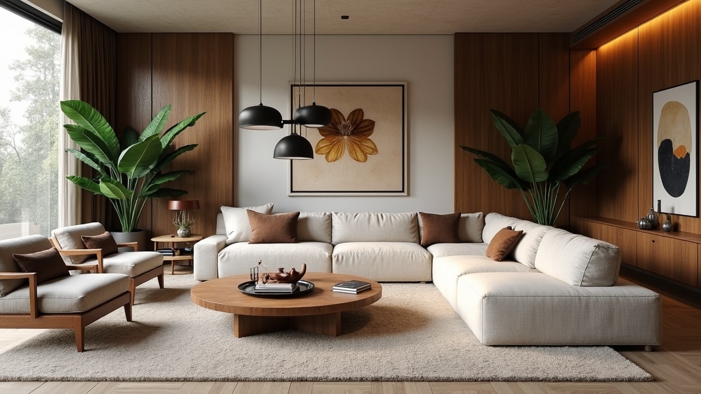 Modern living room featuring sculptural lighting, custom art, and harmonious indoor-outdoor design