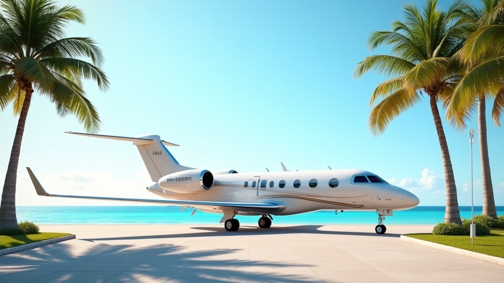 Private jet waiting on the tarmac beside tropical blue ocean and palm trees